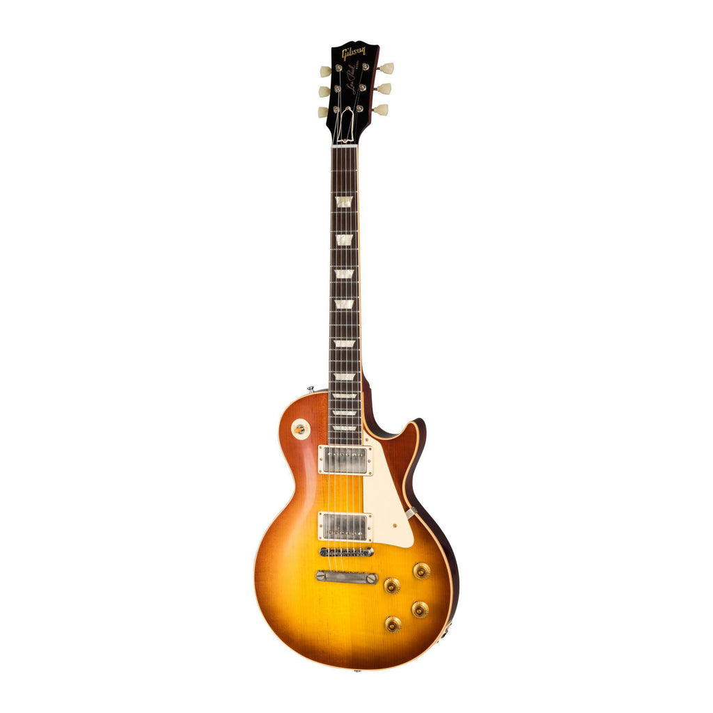Gibson 1958 Les Paul Standard Reissue electric guitar with VOS Iced Tea Burst finish, showcasing mahogany body and vintage-style pickups.