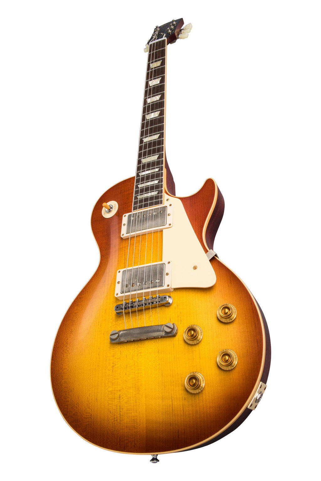 Gibson 1958 Les Paul Standard Reissue electric guitar in VOS Iced Tea Burst finish, showcasing sunburst body and mahogany neck.