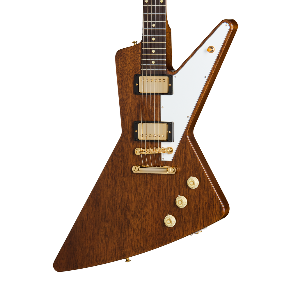 Gibson 1957 Mahogany Futura Reissue electric guitar in antique natural finish, showcasing the classic body and tuning pegs.
