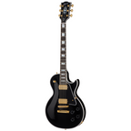 Gibson Les Paul Custom long scale electric guitar with ebony finish, showcasing its sleek body, pickups, and detailed hardware.