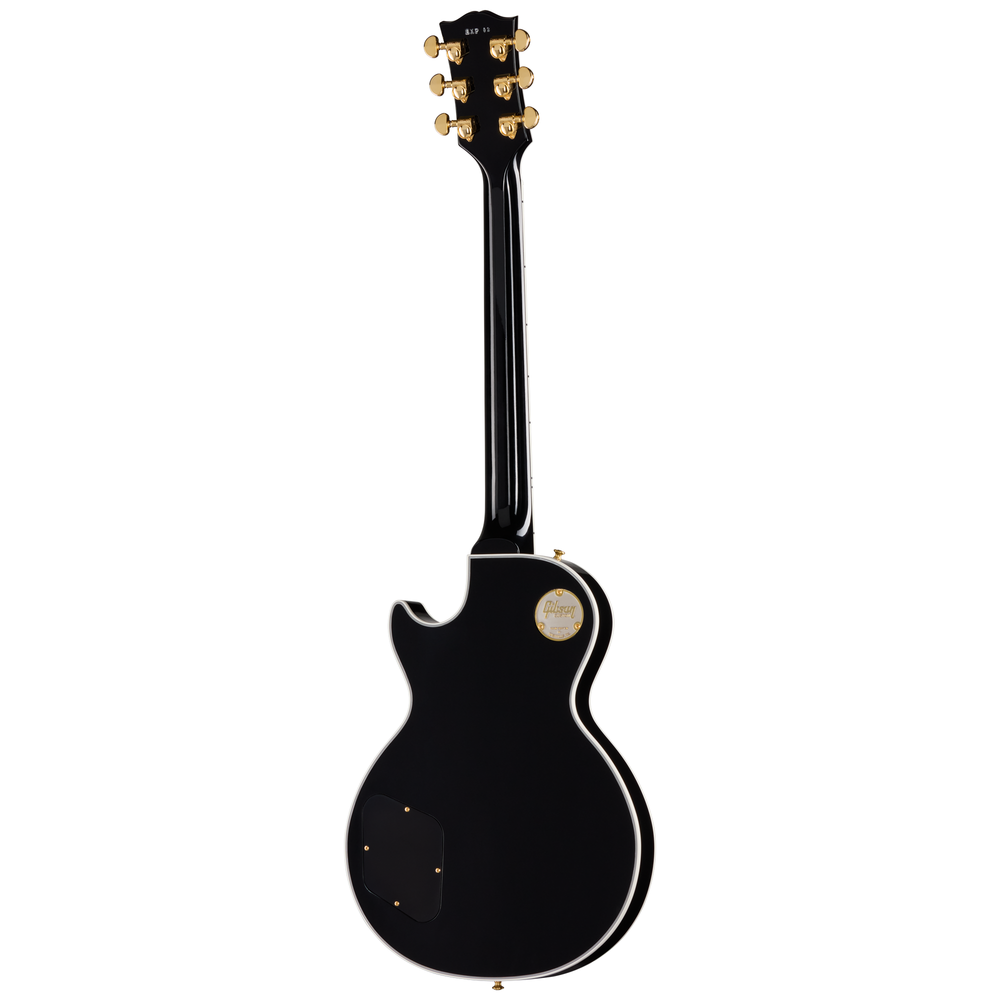 Gibson Les Paul Custom long scale electric guitar in ebony finish, featuring gold hardware and dual humbucker pickups.