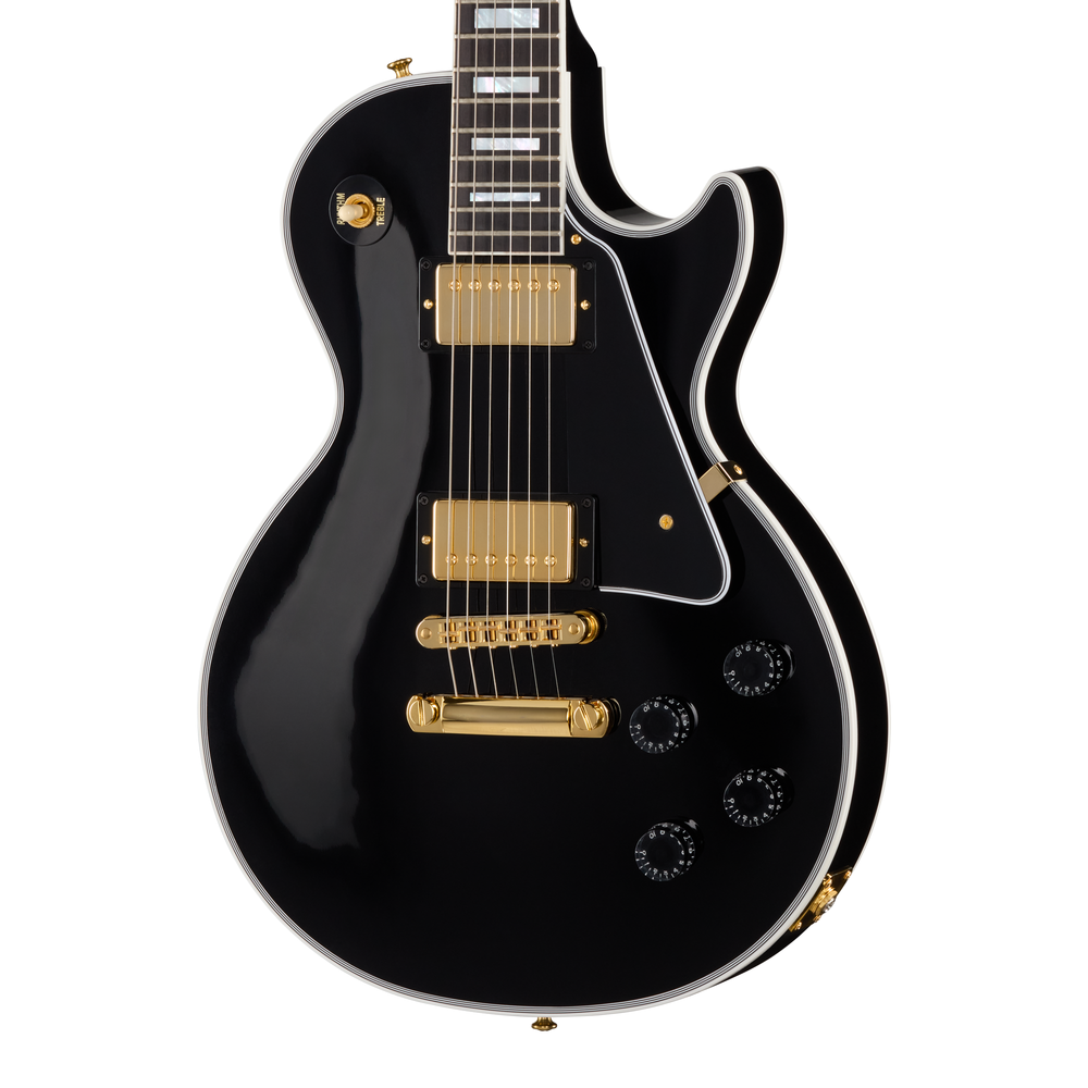 Gibson Les Paul Custom long scale electric guitar in ebony finish with chrome hardware and dual humbucker pickups.