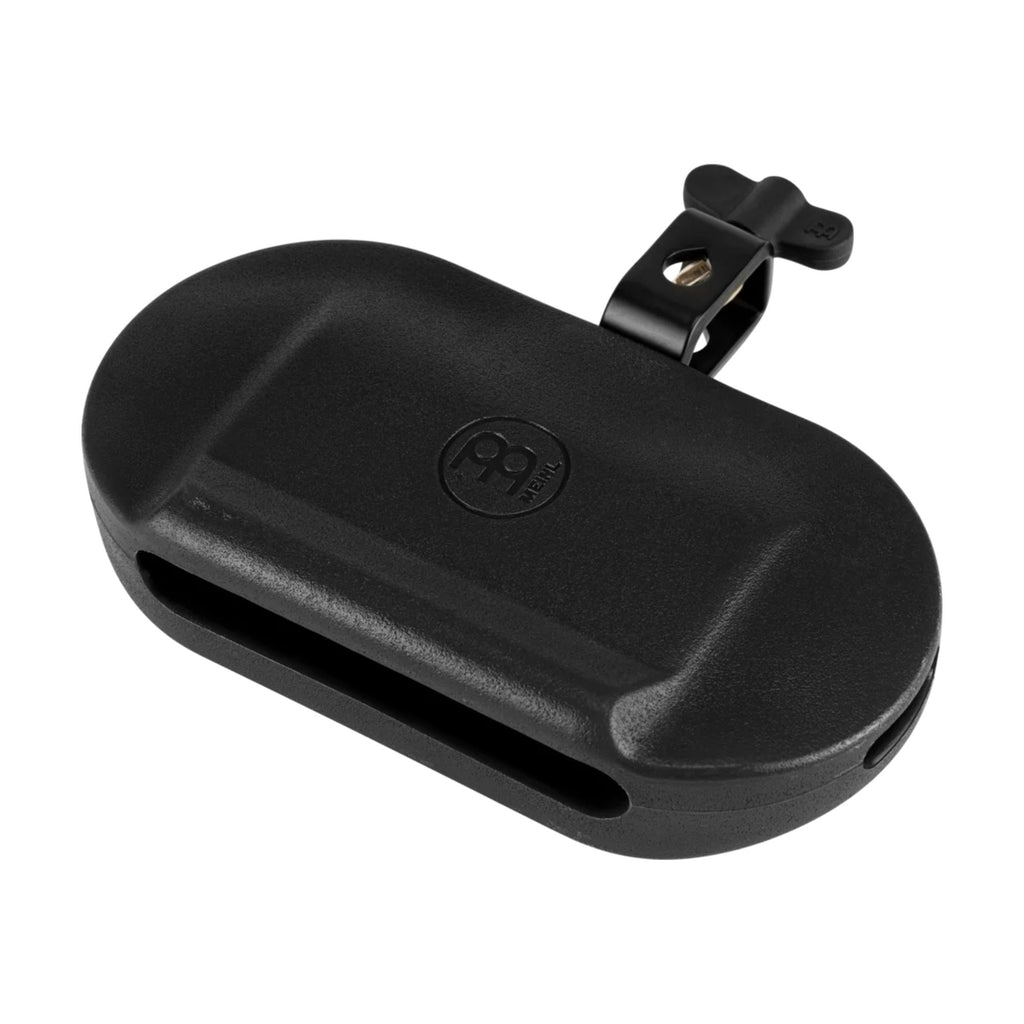 Black Meinl MPE4BK plastic low pitch percussion block, a hand percussion instrument with a textured surface, on a white background.