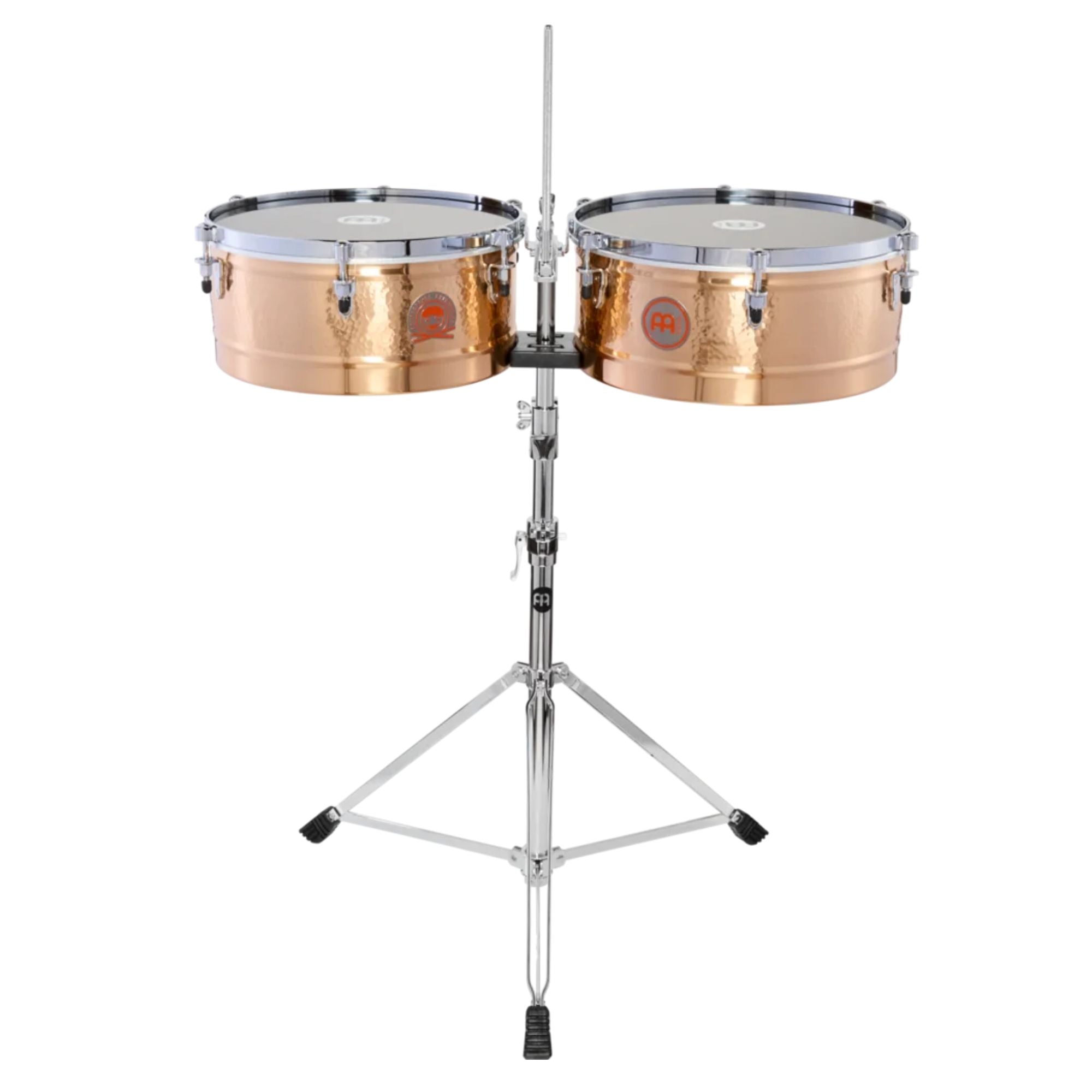 Meinl PD1415 Patricio "El Chino" Diaz 14" and 15" bronze timbales with drumheads, used for Latin percussion performances.