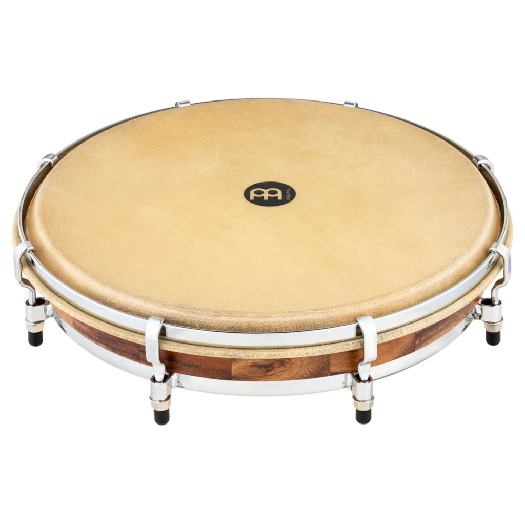 Meinl PL14CW Seguidor Chrome hardware for pandero, showing the shiny metal stand and mounting hardware for percussion instruments.