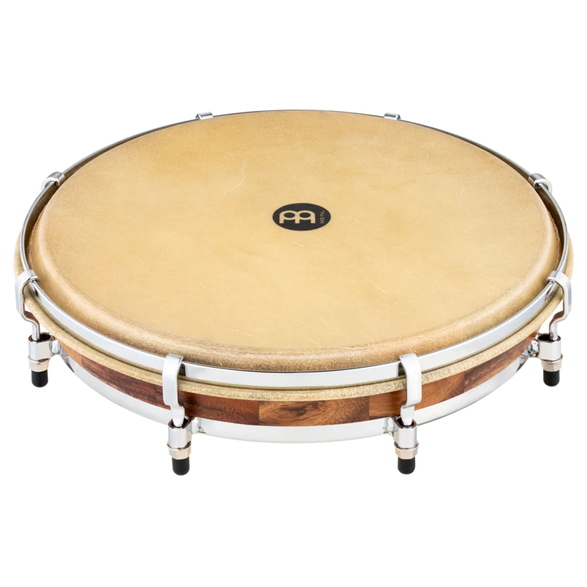 Meinl PL14CW Seguidor Chrome hardware for pandero, showing the shiny metal stand and mounting hardware for percussion instruments.