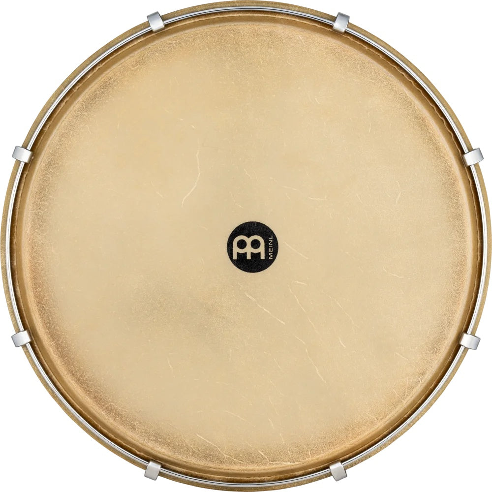 Meinl PL14CW chrome hardware pandero with metal frame, drum head, and adjustable stand for percussion performances.