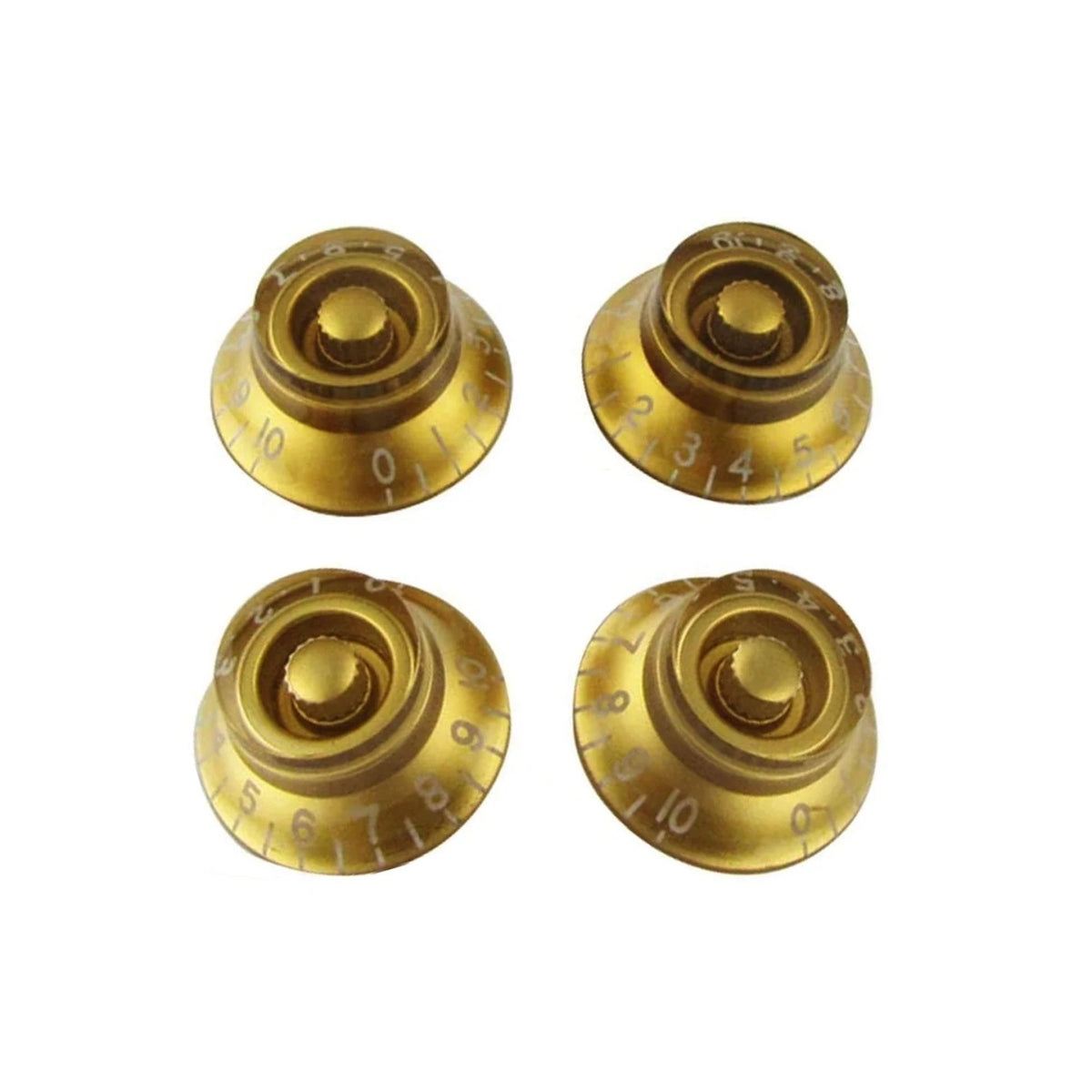 Set of four Gibson gold top hat guitar knobs, stylish control knobs for electric guitar parts.