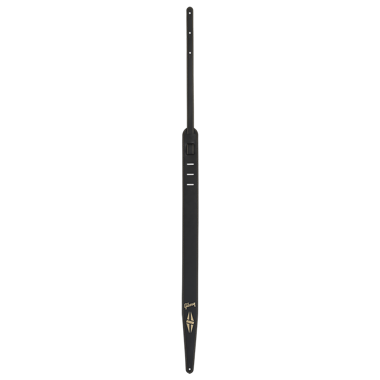 Gibson black Split Diamond guitar strap with leather ends, adjustable and stylish for electric or acoustic guitar use.