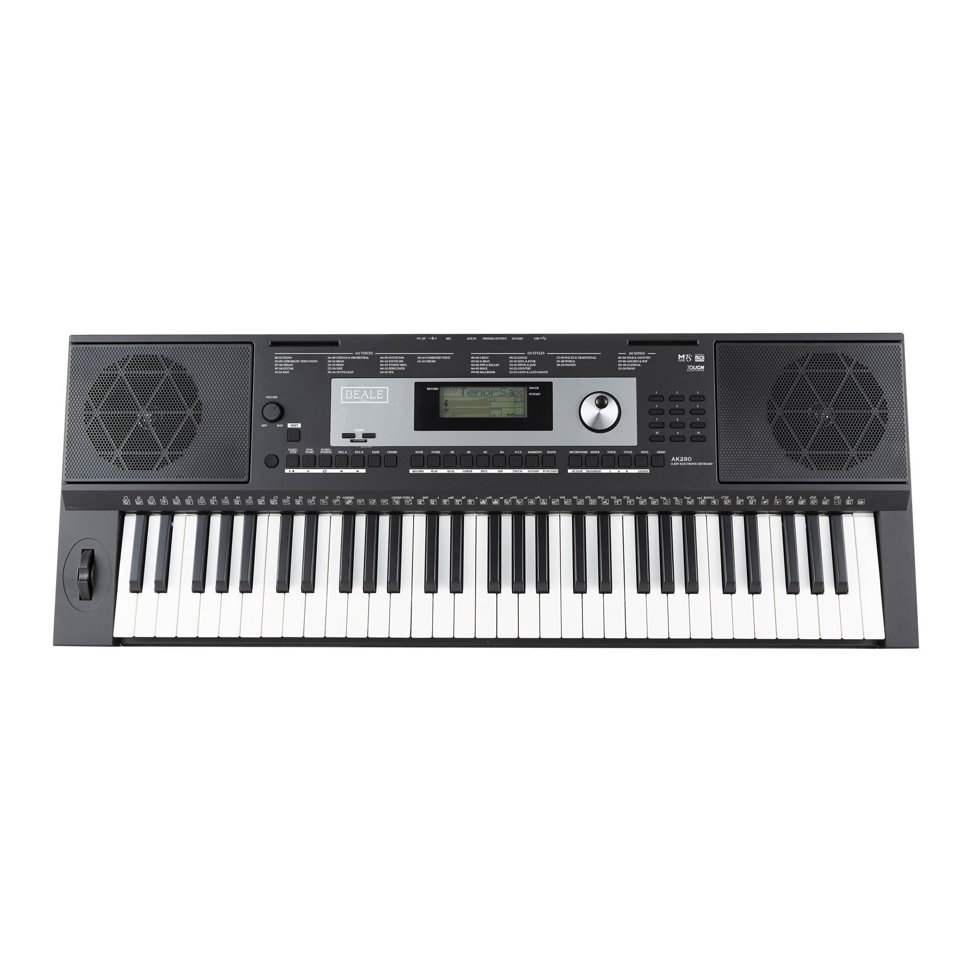 Beale AK280 61-key keyboard with touch response, compact design, and standard keys for musical practice and performance.
