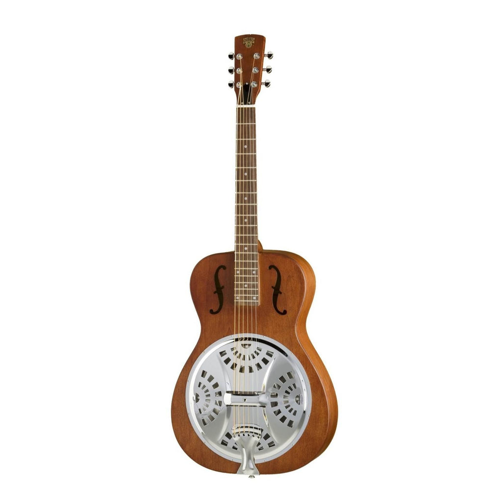 Epiphone Hound Dog Round Neck Resonator Guitar in vintage brown with metal resonator cover and wooden body, suitable for folk and bluegrass.