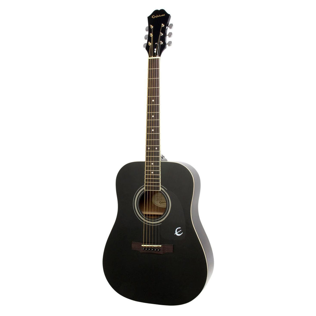 Epiphone DR100 ebony acoustic guitar with a natural wood finish, showcasing the body, fretboard, and headstock.