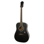 Epiphone DR100 ebony acoustic guitar with a natural wood finish, showcasing the body, fretboard, and headstock.