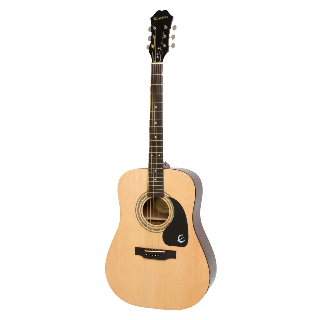 Epiphone DR100 acoustic guitar in natural wood finish, showcasing its body, neck, and strings on a plain background.
