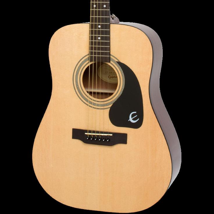 Epiphone DR100 natural acoustic guitar with a wooden body and six strings, showcasing its simple and classic design.
