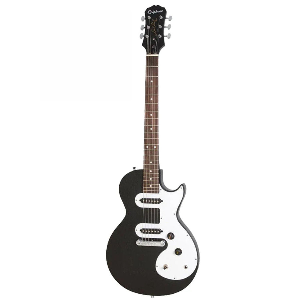 Epiphone Les Paul Melody Maker E1 electric guitar in ebony finish, showcasing its sleek body and dual humbucker pickups.