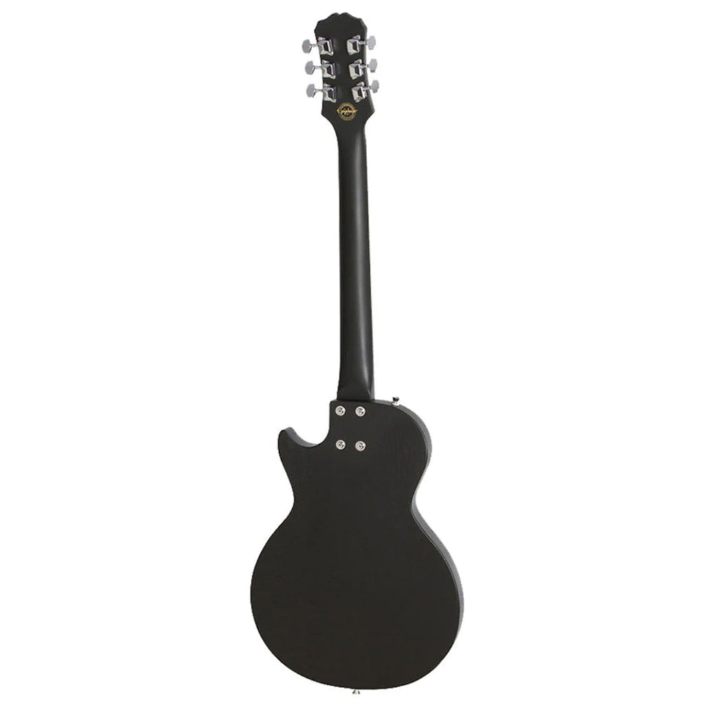 Epiphone Les Paul Melody Maker E1 electric guitar in ebony with solid body and chrome hardware, showcasing its sleek design.