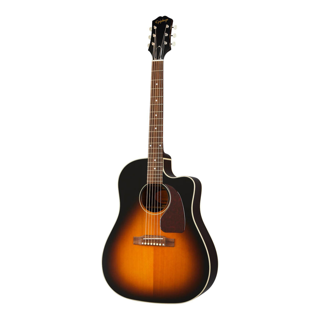 Epiphone J-45 EC acoustic guitar with aged vintage sunburst finish, glossy wood body and steel strings, detailed close-up image.