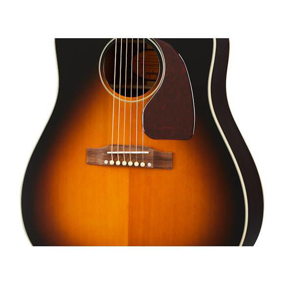 Epiphone J-45 EC acoustic guitar with aged vintage sunburst gloss finish, showcasing its body and wooden details.