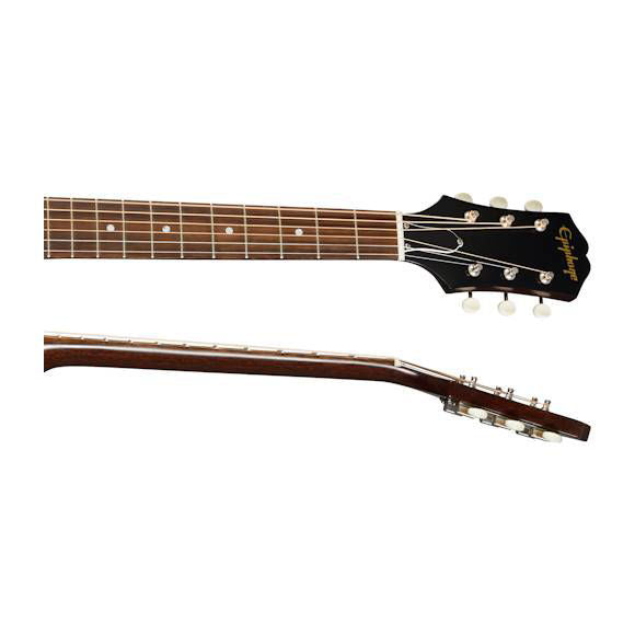 Epiphone J-45 EC acoustic guitar in aged vintage sunburst gloss finish, showcasing its body and detailed craftsmanship.
