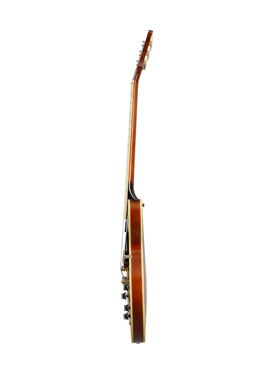 Epiphone ES-335 semi-hollow body electric guitar in vintage sunburst finish, showing the guitar's body and F-holes.