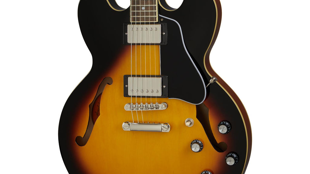 Epiphone ES-335 semi-hollow body electric guitar in vintage sunburst finish, showcasing double-cutaway design and dual humbucker pickups.