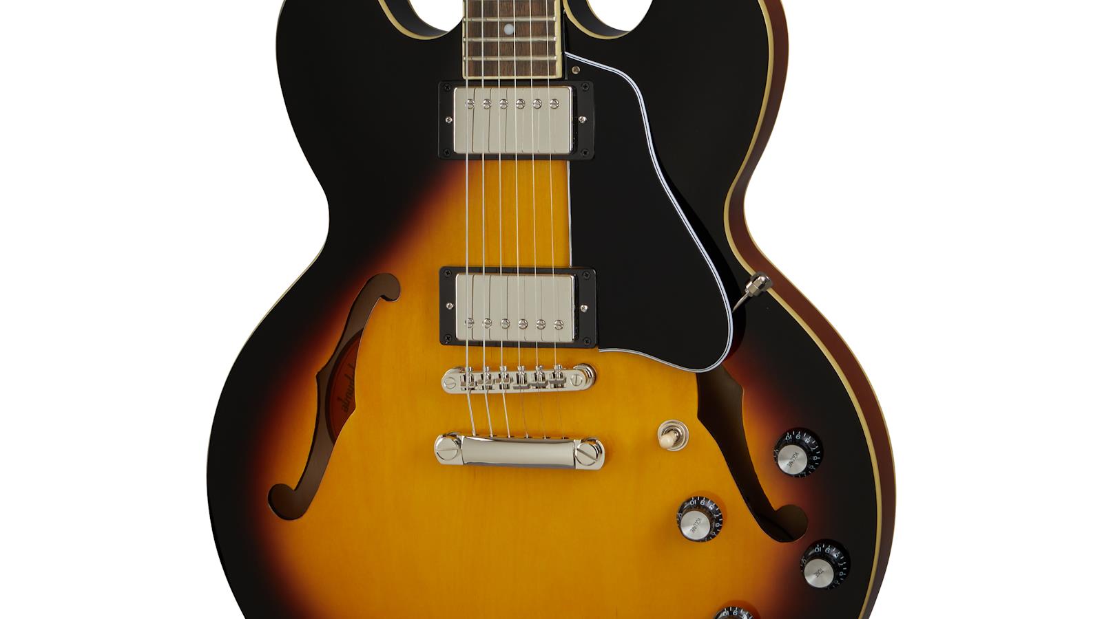 Epiphone ES-335 semi-hollow body electric guitar in vintage sunburst finish, showcasing double-cutaway design and dual humbucker pickups.