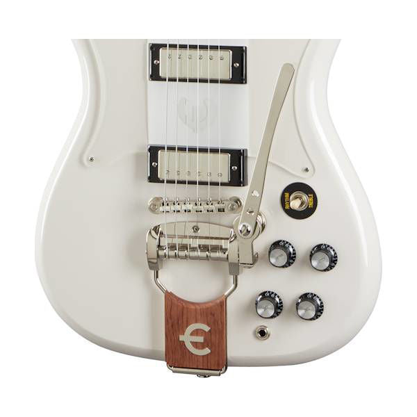 Epiphone Crestwood Custom electric guitar in Polaris White with double-cutaway body and chrome hardware.