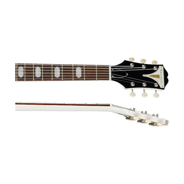 Epiphone Crestwood Custom electric guitar in Polaris White with double-cutaway body and chrome hardware.