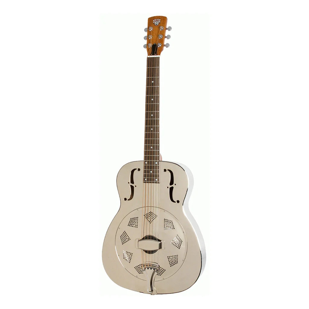 Epiphone Hound Dog M14 metal body resonator guitar, a folk and bluegrass instrument with detailed metal resonator and wooden neck.