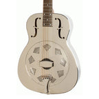 Epiphone Hound Dog M14 metal body resonator guitar for folk and bluegrass music, shown with strings and metal resonator body.