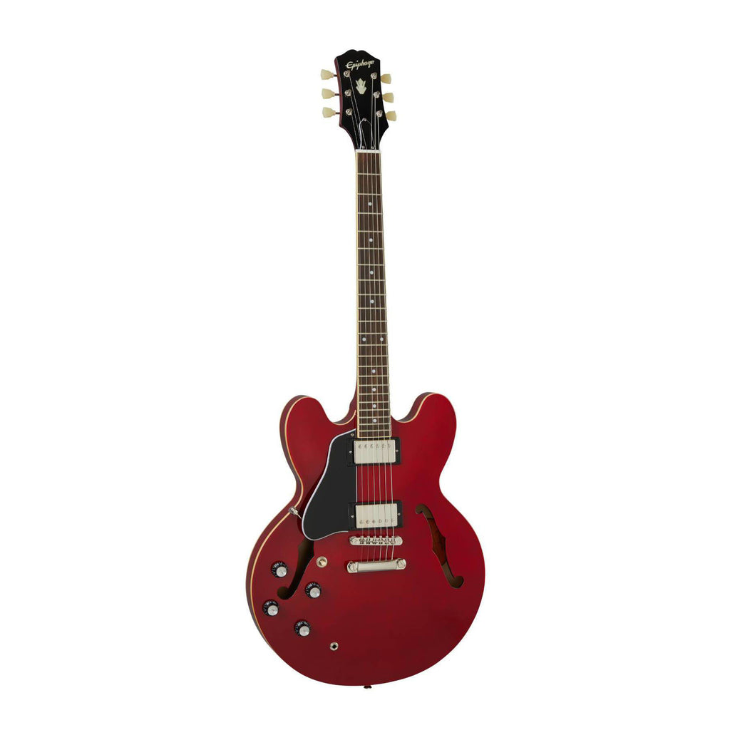 Left-handed Epiphone ES-335 electric guitar in cherry finish with double-cutaway body and vintage-style hardware.