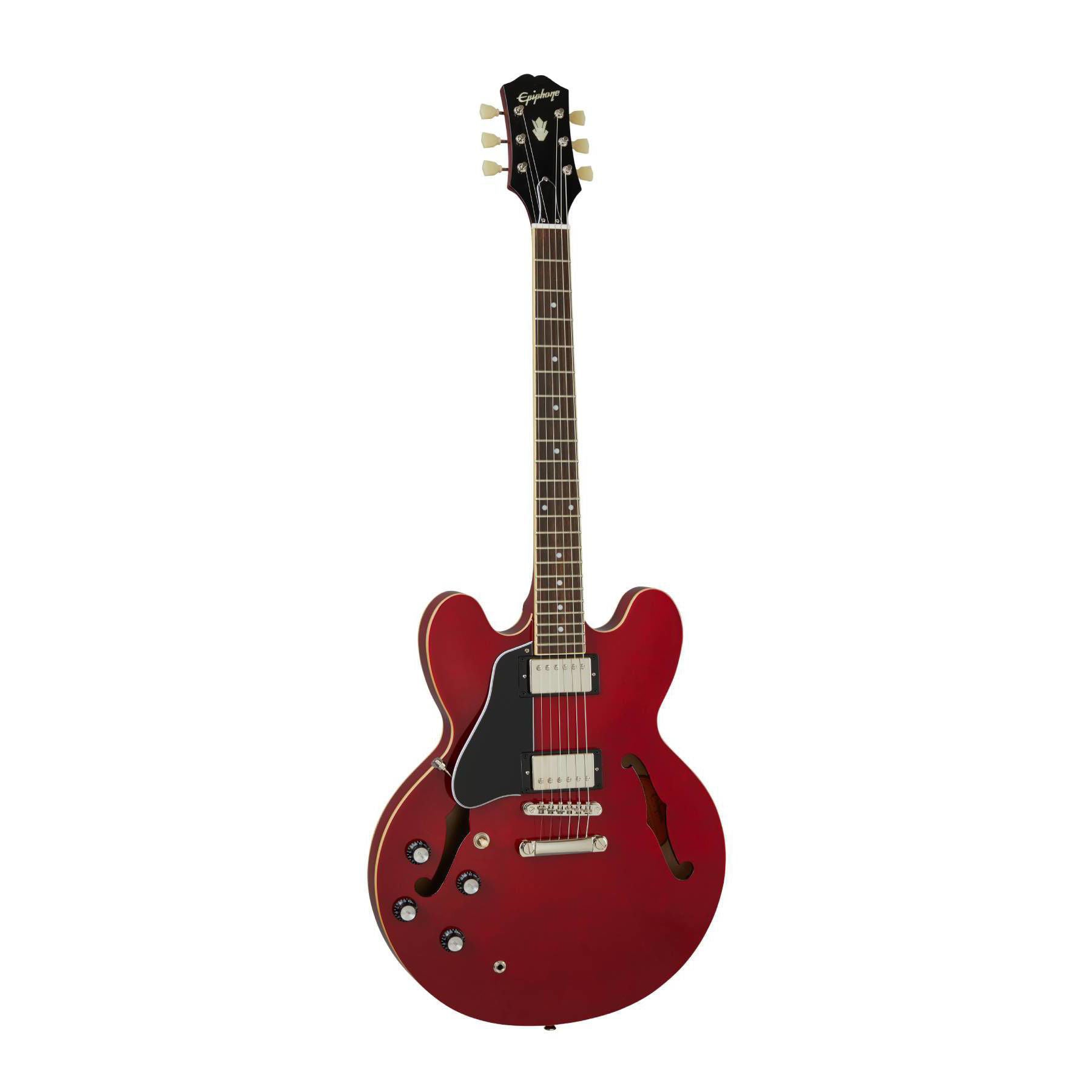 Left-handed Epiphone ES-335 electric guitar in cherry finish with double-cutaway body and vintage-style hardware.