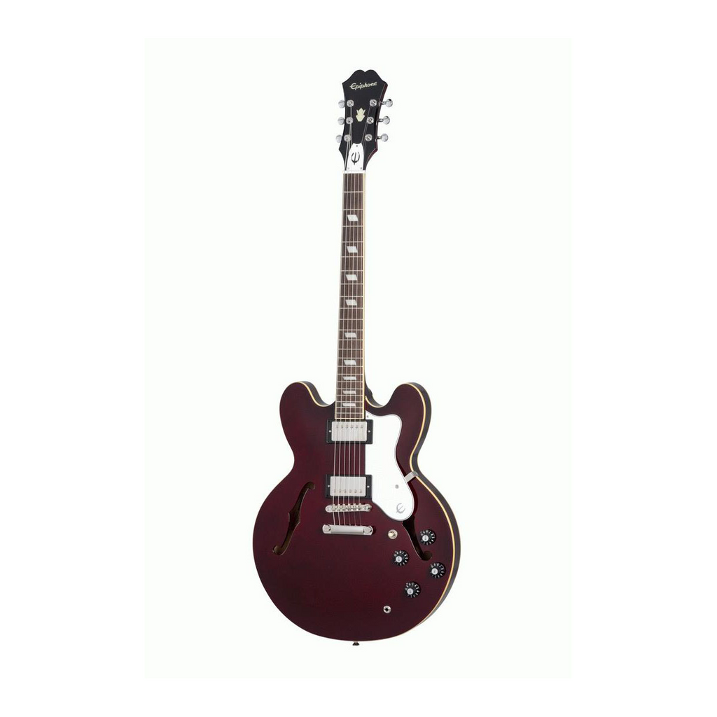 Epiphone Noel Gallagher Riviera electric guitar in wine red with chrome hardware and vintage-style pickups.