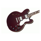 Epiphone Noel Gallagher Riviera electric guitar in wine red with chrome hardware and vintage-style pickups.