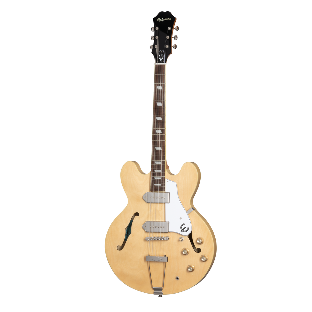Epiphone Casino electric guitar in natural finish, showcasing the hollow body design, pickups, and classic instrument features.