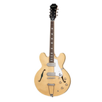 Epiphone Casino electric guitar in natural finish, showcasing the hollow body design, pickups, and classic instrument features.