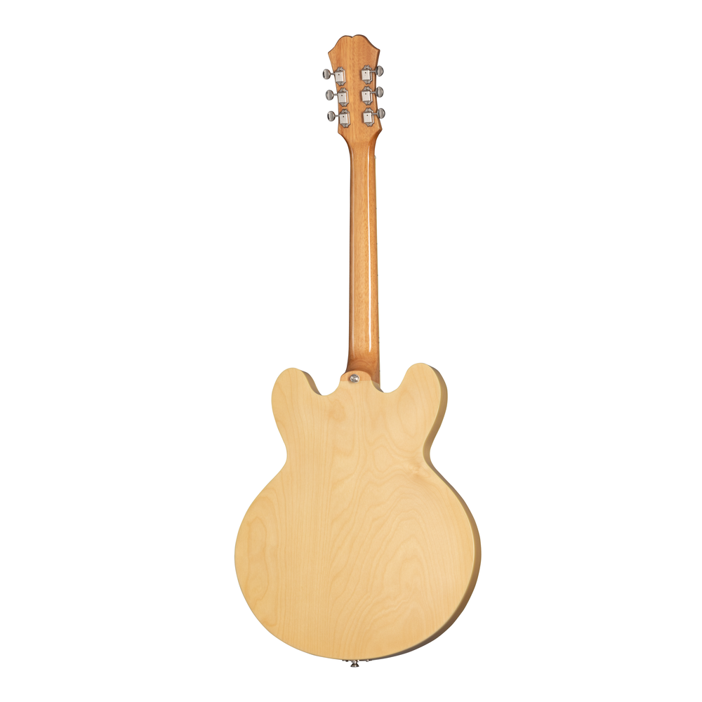 Epiphone Casino electric guitar in natural finish, showcasing its hollow body, dual humbucker pickups, and vintage-style hardware.