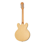 Epiphone Casino electric guitar in natural finish, showcasing its hollow body, dual humbucker pickups, and vintage-style hardware.