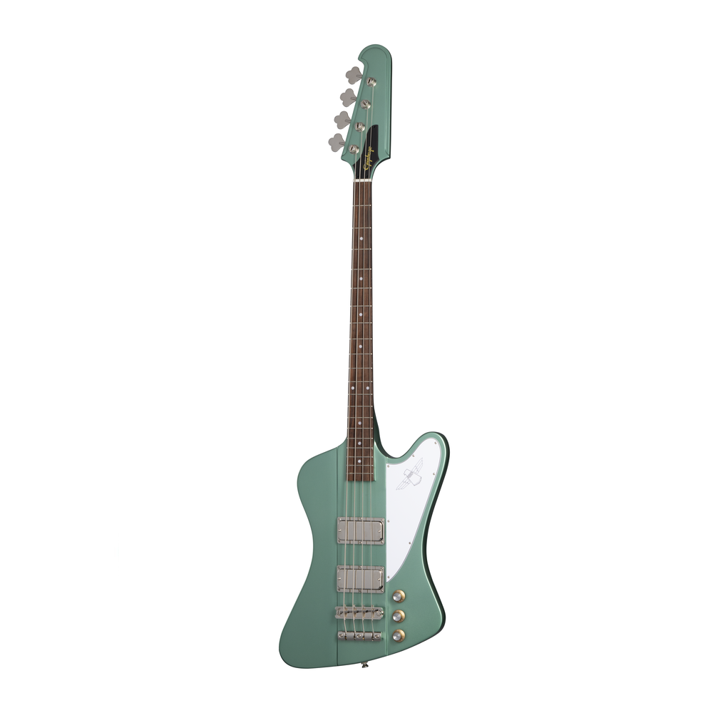 Epiphone Thunderbird 64 electric bass guitar in Inverness Green with four strings, chrome hardware, and vintage-style body.