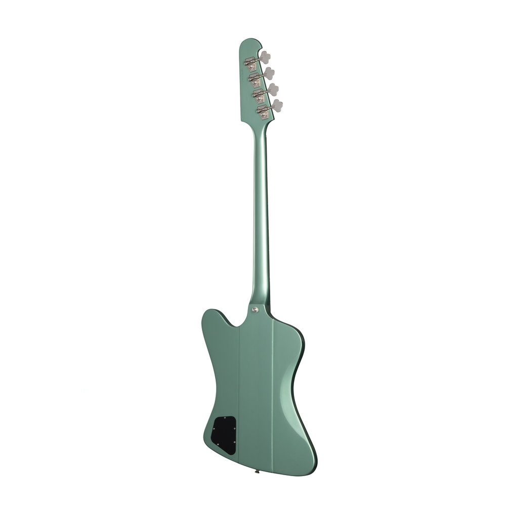 Epiphone Thunderbird 64 electric bass guitar in Inverness Green with chrome hardware and dual pickups, showcasing its vintage design.