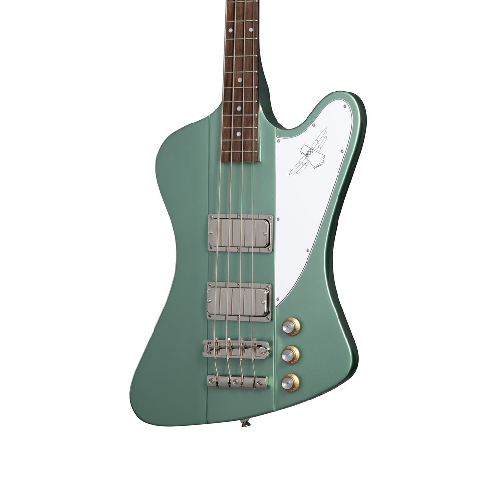 Epiphone Thunderbird 64 electric bass guitar in Inverness Green with chrome hardware and four-string design.