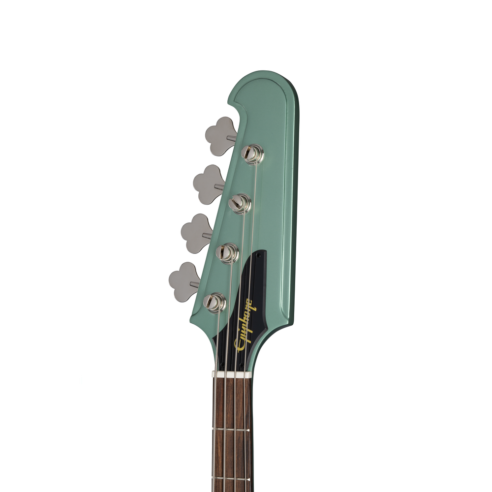 Epiphone Thunderbird 64 electric bass guitar in Inverness Green, showing its distinctive body and vintage-style hardware.