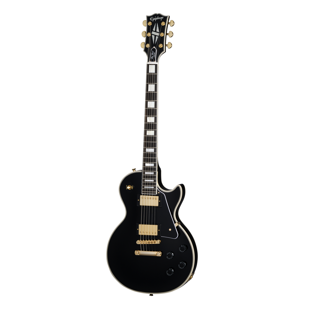 Epiphone Inspired By Gibson Les Paul Custom electric guitar in ebony with gold hardware and dual humbucker pickups.