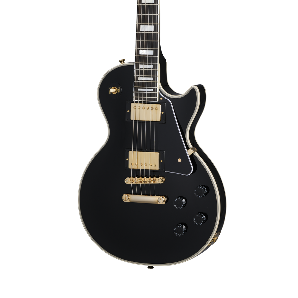 Epiphone Inspired By Gibson Les Paul Custom electric guitar in ebony with gold hardware and humbucker pickups.