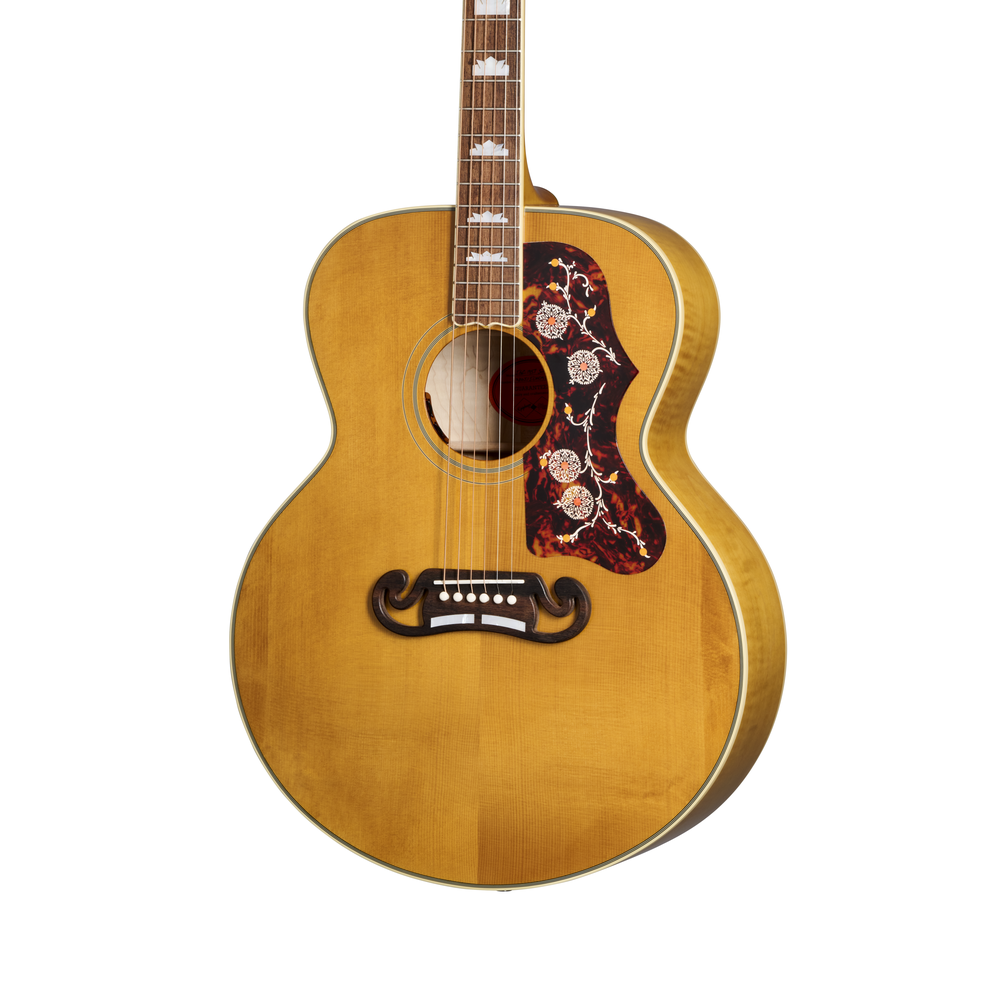 Epiphone Inspired by Gibson 1957 SJ-200 electric guitar in antique natural finish, displayed in its hard case.