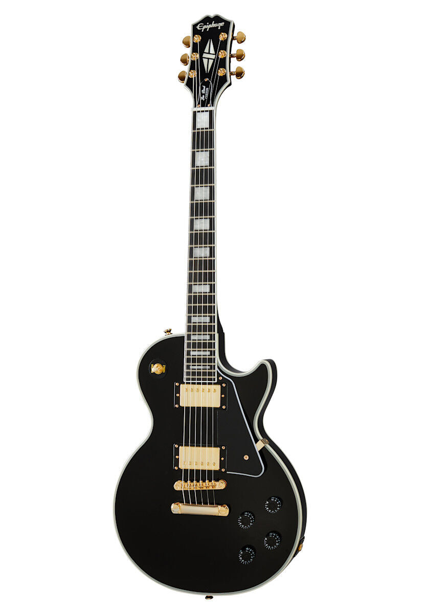 Electric guitar Epiphone Les Paul Custom in ebony with a premium gig bag, featuring a solid body and classic Les Paul design.