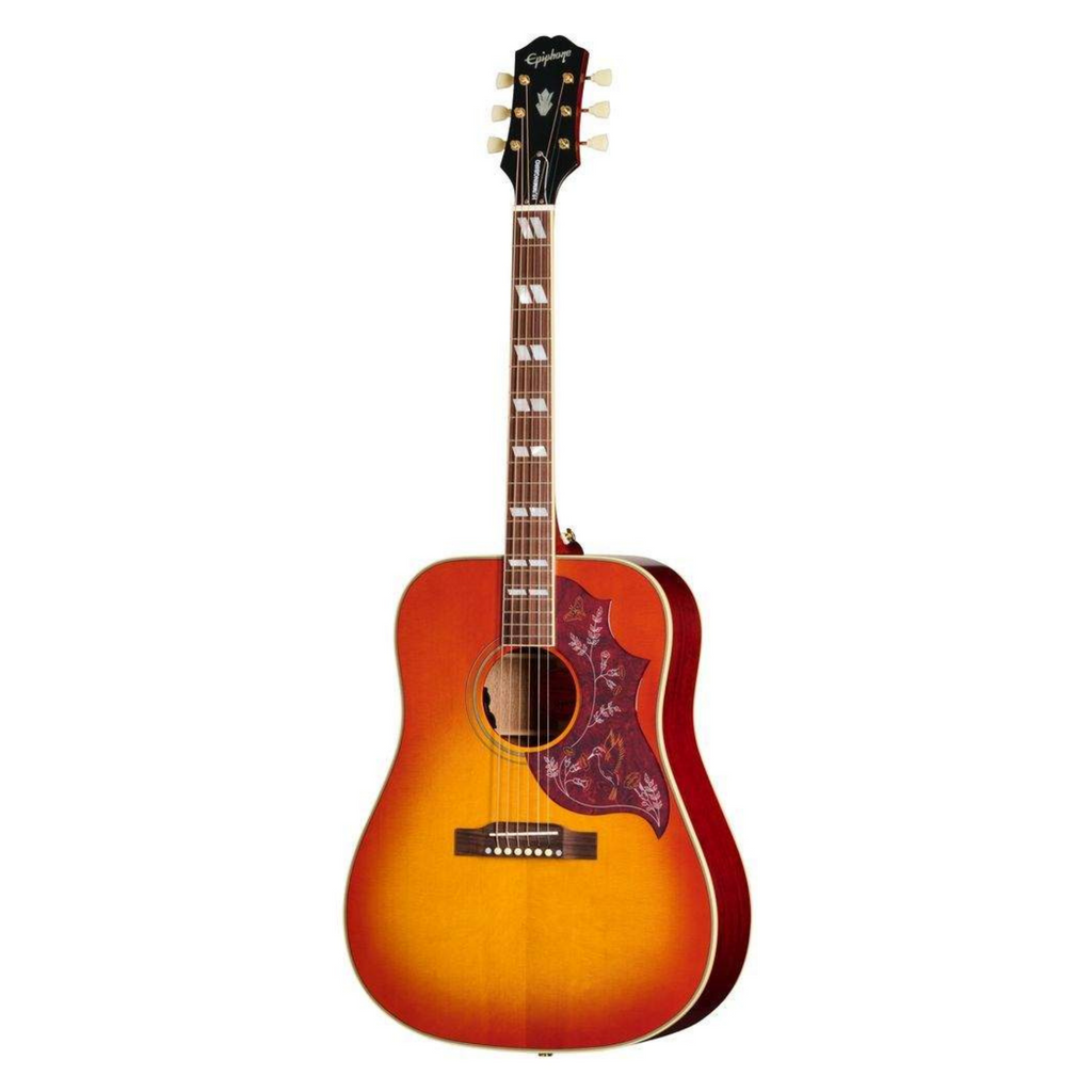 Epiphone Hummingbird Standard acoustic guitar in cherry sunburst finish, left-handed model with detailed body and soundhole design.