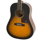Epiphone J45 Studio acoustic guitar in vintage sunburst finish, showcasing its wood body and detailed fretboard.