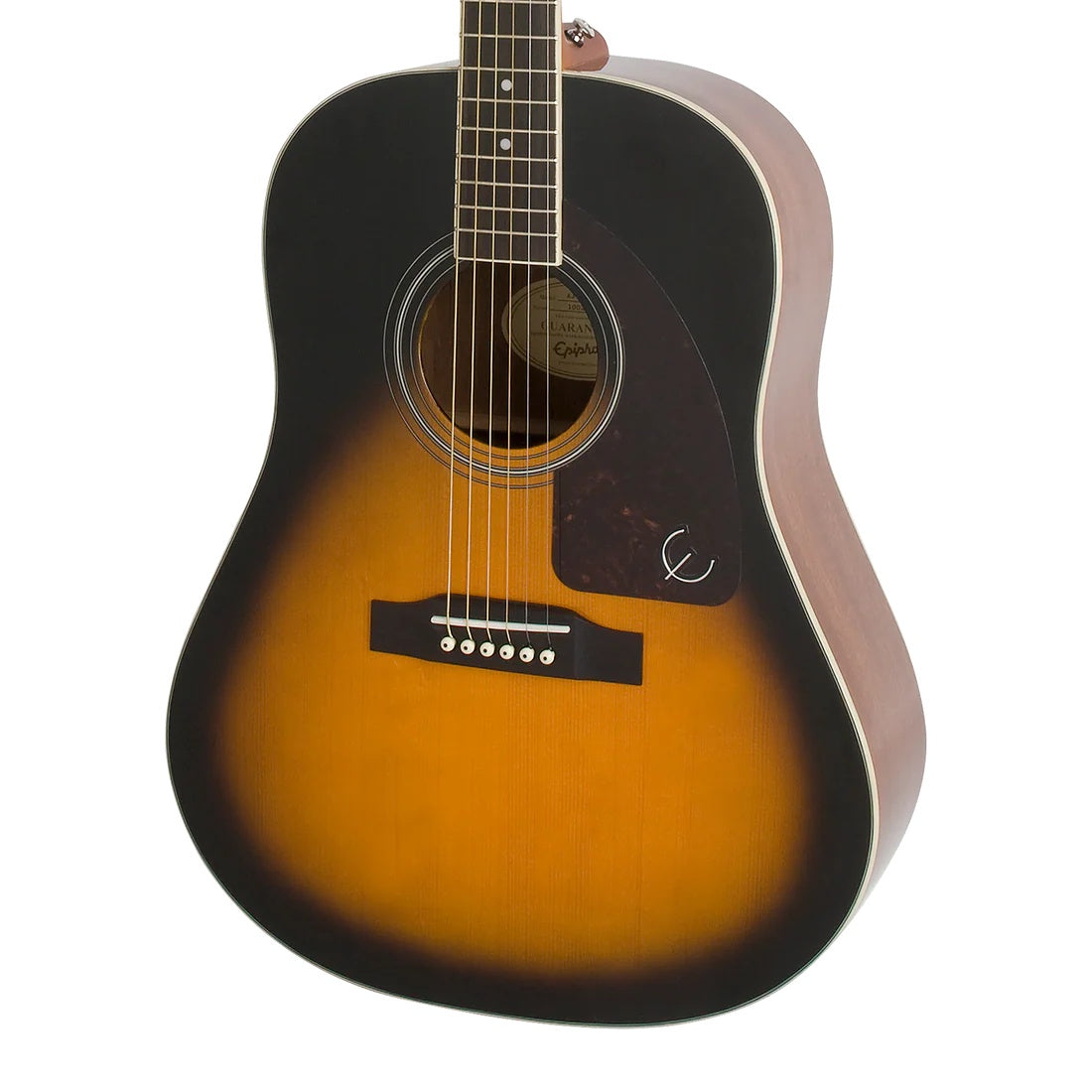 Epiphone J45 Studio acoustic guitar in vintage sunburst finish, showcasing its wood body and detailed fretboard.